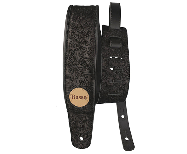 #35081 Basso Guitar Strap-Floral Emboss Leather Black