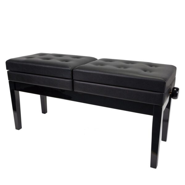 Double Piano Bench With Individual Height Adjustment And Storage Compartment - Individual Seats Can Be Adjusted To Seperate Heights - Black Gloss