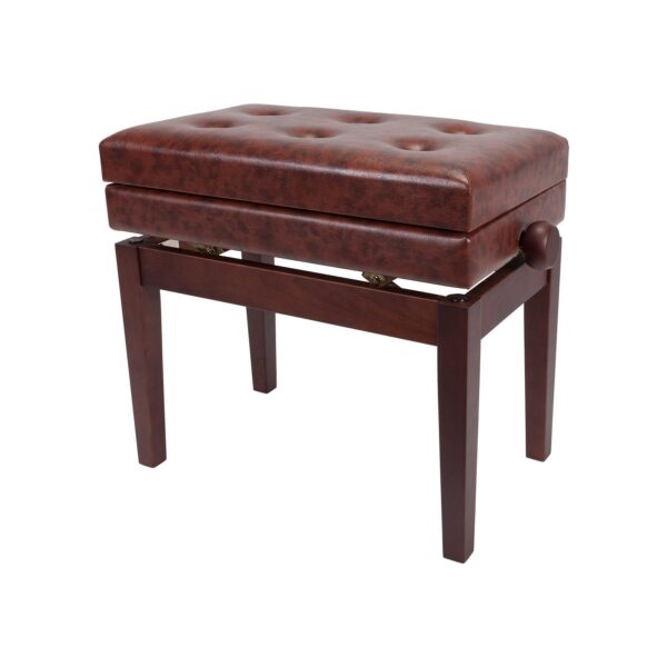 Deluxe Top Buttoned Piano Bench - Height Adjustable - Storage Compartment Under Seat - Soft Padded Faux Leather - Walnut