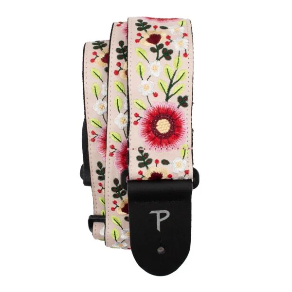 Perris 2" Jacquard Guitar Strap with "Pink Floral Embroidery" Design & Leather Ends