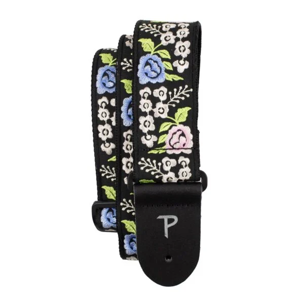 Perris 2" Jacquard Guitar Strap with "Black Floral Trail Embroidery" Design & Leather Ends