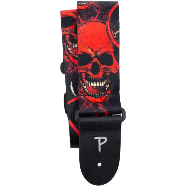 Perris 2" Polyester "Red Devil Skulls" Guitar Strap with Leather Ends Adjustable Length 39" to 58"