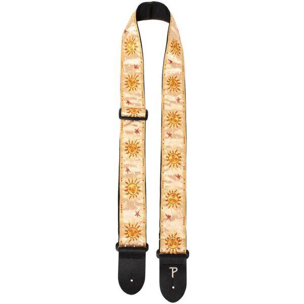 Perris 2" Jacquard Guitar Strap with "Gold Suns" Design & Leather Ends Adjustable Length 39" to 58"