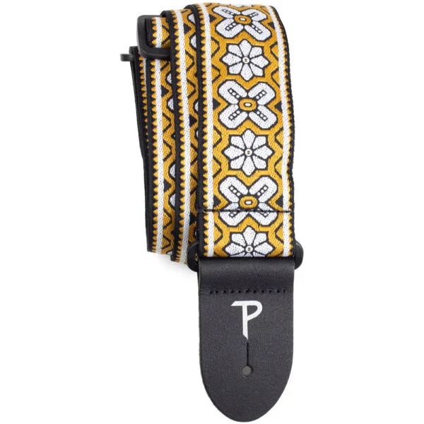 Perris 2" Jacquard Guitar Strap with Gold Geo Floral Pattern with Leather Ends Adjustable Length 39" to 58"
