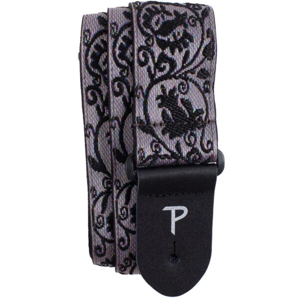 Perris 2" Jacquard Guitar Strap with Black Lace Design with Leather Ends Adjustable Length 39" to 58"