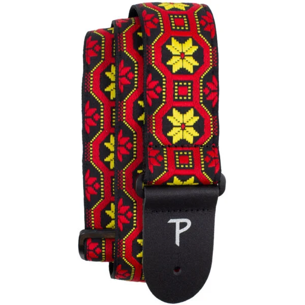 Perris 2" Jacquard Guitar Strap with Red & Yellow Geo Pattern with Leather Ends Adjustable Length 39" to 58"