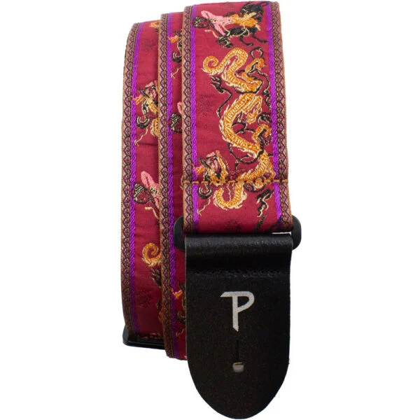 Perris 2" Jacquard Guitar Strap with Red Dragon Warrior Design with Leather Ends Adjustable Length 39" to 58"